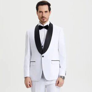 All White Mens Tuxedo - Wedding Suit - Men's Stacy Adams Vested One Button Shawl